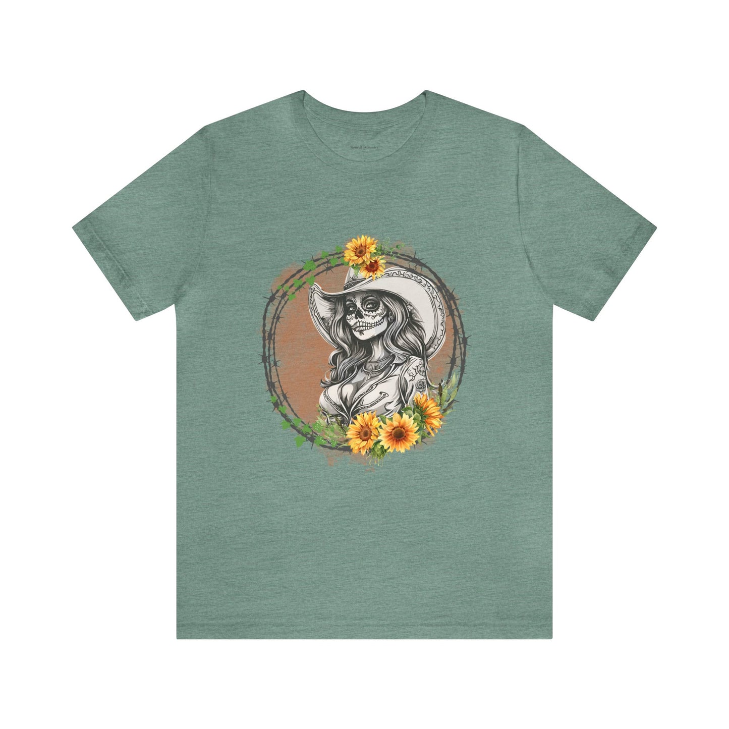 Sugar Skull Cowgirl, Sunflower Cowgirl, Barbed Wire Shirt, Unisex Jersey Short Sleeve Tee