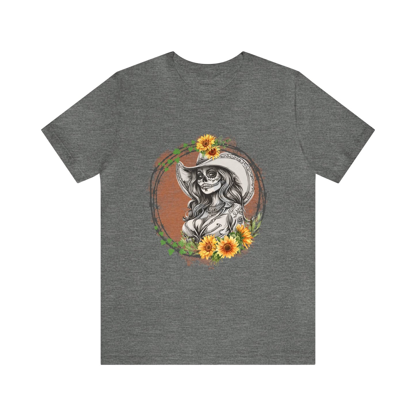 Sugar Skull Cowgirl, Sunflower Cowgirl, Barbed Wire Shirt, Unisex Jersey Short Sleeve Tee