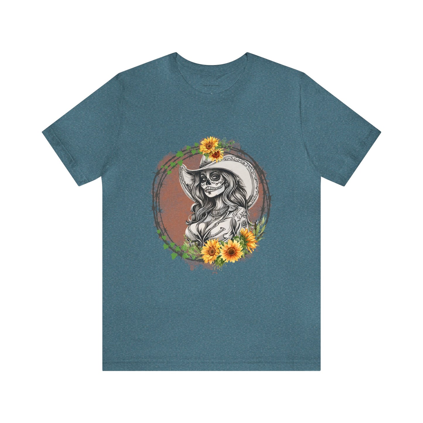 Sugar Skull Cowgirl, Sunflower Cowgirl, Barbed Wire Shirt, Unisex Jersey Short Sleeve Tee