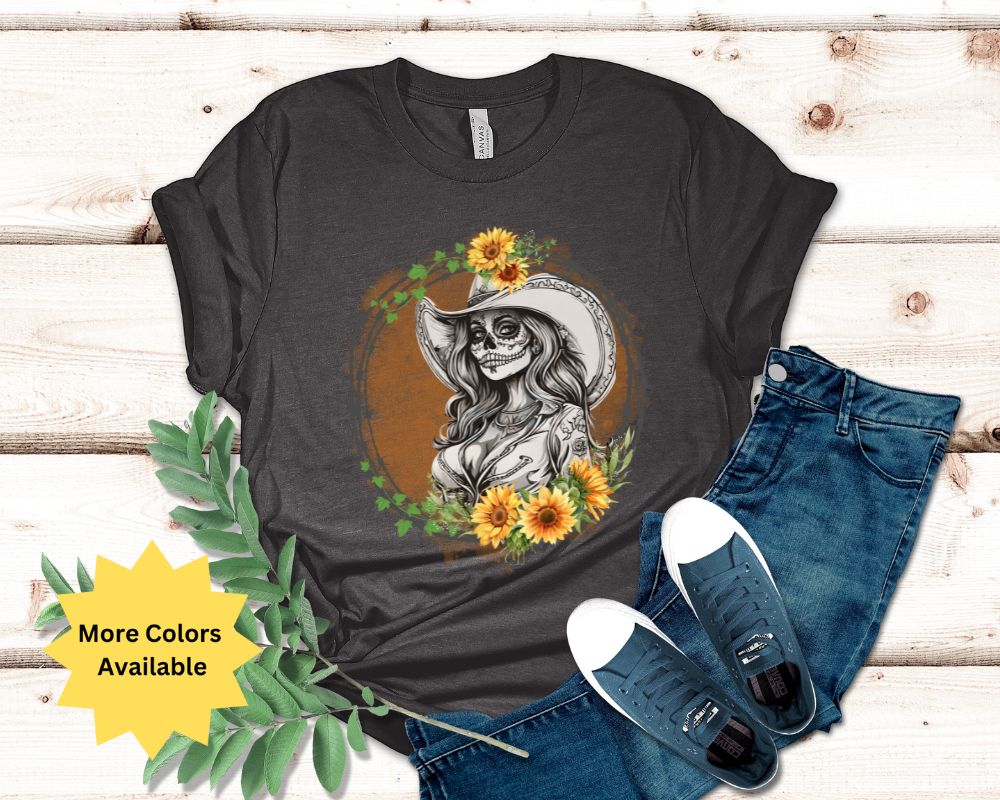 Sugar Skull Cowgirl, Sunflower Cowgirl, Barbed Wire Shirt, Unisex Jersey Short Sleeve Tee